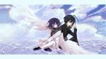  2boys ahoge angel_wings arm_belt back-to-back black_hair black_jacket blue_sky brown_eyes buttons checkered_clothes checkered_scarf cloud cloudy_sky collared_jacket commentary crossed_ankles danganronpa_(series) danganronpa_v3:_killing_harmony feathered_wings flipped_hair hair_between_eyes highres jacket letterboxed long_sleeves looking_at_viewer male_focus medium_hair multiple_boys oma_kokichi own_hands_together pants purple_eyes purple_hair ripples saihara_shuichi scarf short_hair sitting sky smile sparkle tujiang6 two-tone_scarf water wings 