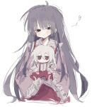  black_eyes black_hair blunt_bangs blush closed_mouth frills fujiwara_no_mokou fumo_(doll) highres hime_cut holding holding_stuffed_toy houraisan_kaguya long_sleeves looking_at_viewer maruten_moko pants pink_shirt puffy_sleeves red_eyes red_pants red_skirt shirt skirt smile stuffed_toy touhou white_hair white_shirt 