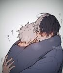  2boys arms_around_neck bakugou_katsuki black_sleeves boku_no_hero_academia commentary_request crew_neck grey_background hand_on_another's_back highres hug koma_00x male_focus multicolored_hair multiple_boys mutual_hug scar scar_across_eye scar_on_face shirt short_hair spiked_hair split-color_hair todoroki_shoto upper_body 