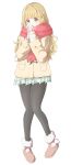  absurdres alternate_costume black_pantyhose blonde_hair boots breathing_on_hands brown_boots brown_coat coat enpera fujita_kotone full_body fur-trimmed_boots fur_trim gakuen_idolmaster highres idolmaster long_hair long_sleeves open_mouth pantyhose pigeon-toed plaid_clothes plaid_skirt pleated_skirt pom_pom_footwear puren_416 red_scarf scarf simple_background skirt sleeves_past_wrists steepled_fingers sweater warming_hands white_background white_skirt white_sweater yellow_eyes 