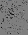 2023 4_fingers allegra_(mario_plus_rabbids) ambiguous_gender anthro arms_bent bangs belly big_belly black_and_grey black_eyebrows black_eyes blush blush_lines bow_tie button_(fastener) cake cake_slice cherry closed_frown clothed clothed_anthro clothed_male clothing crossover curly_hair dessert digital_drawing_(artwork) digital_media_(artwork) ears_down eyebrow_through_hat eyebrows featureless_feet feet female female_anthro fingers fizzooka food food_on_clothing food_on_overalls frown frowning_at_viewer fruit grey_bow_tie grey_clothing grey_hair grey_hat grey_headwear grey_overalls grey_pupils group hair hat headgear headwear holding_cake holding_food holding_object huge_thighs jewelry lagomorph long_ears long_hair looking_at_own_belly looking_at_viewer male male_anthro mammal mario_bros mario_plus_rabbids_kingdom_battle mario_plus_rabbids_sparks_of_hope monochrome mostly_offscreen_anthro mostly_offscreen_character mostly_offscreen_female mouth_closed necklace nintendo noseless obese obese_anthro obese_male overalls overweight overweight_anthro overweight_male pivoted_ears plant pupils rabbid rabbid_mario raving_rabbids rayman_(series) scut_tail shirtless_anthro shirtless_male short_tail simple_background spanish_description standing tail thick_thighs ubisoft