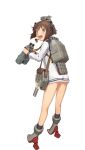  1girl :d back bag binoculars boots brown_eyes brown_hair cannon dress full_body headgear high_heels highres kantai_collection long_sleeves looking_back official_art open_mouth panties radar_hair_ornament rudder_footwear sailor_dress see-through_clothes ship_turret shizuma_yoshinori short_dress short_hair smile solo speaking_tube_headset teeth third-party_source torpedo transparent_background underwear upper_teeth_only white_dress white_panties yukikaze_(kancolle) 