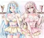 2girls :d ;d alternate_costume azura_(fire_emblem) bare_shoulders blue_hair blue_skirt blush bow breasts choker cleavage collar crop_top detached_collar female_corrin_(fire_emblem) fire_emblem fire_emblem_fates food frilled_wristband frills fruit gloves grey_hair hair_between_eyes hair_bow hair_ornament hand_on_own_chest headdress holding holding_tray kirishima_riona large_breasts long_hair looking_at_viewer midriff milkshake multiple_girls navel one_eye_closed open_mouth parfait pink_skirt pointy_ears red_eyes skirt smile strawberry thighs tray very_long_hair waitress white_gloves wristband yellow_eyes yellow_skirt 