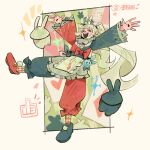  1girl black_hat card commentary dxnut00 english_commentary hat highres honkai:_star_rail honkai_(series) jester jester_costume long_sleeves mismatched_socks multicolored_pants multicolored_shirt open_mouth pants playing_card smile sparkle_(honkai:_star_rail) sparxie_(honkai:_star_rail) thumbs_up twintails white_hair 