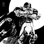  1boy 2023 armor artist_name cape commentary crossed_arms dark_background dated doctor_doom english_commentary fantastic_four full_armor full_body gloves greyscale helmet highres hood hooded_cape male_focus marvel mask metal_mask monochrome moon power_armor signature solo superhero_costume traditional_media valerio_giangiordano western_comics_(style) 