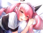  1girl akiha_rumiho animal_ear_hairband animal_ears blush cat_ears drill_hair fake_animal_ears frills hairband head_on_pillow long_hair looking_at_viewer lying maid maid_headdress mayqueen_maid_uniform narrowed_eyes on_bed on_side pillow pink_eyes pink_hair puffy_short_sleeves puffy_sleeves science_adventure short_sleeves smile solo steins;gate tongue tongue_out tsurime twin_drills twintails yakku 