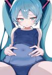  1girl aqua_eyes aqua_hair arms_at_sides bare_arms bare_shoulders blue_one-piece_swimsuit blush breasts closed_mouth collarbone commentary_request covered_navel cowboy_shot embarrassed flat_chest hair_between_eyes hair_ornament hands_on_own_stomach hatsune_miku highres long_hair looking_at_viewer one-piece_swimsuit revision samowasa school_swimsuit sidelocks simple_background sleeveless small_breasts solo sweat swimsuit thighs twintails very_long_hair vocaloid white_background 