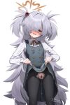  1girl absurdres ayuda bar_censor black_pantyhose blue_archive blush brown_eyes buttons censored clothes_lift commentary_request double-breasted fluffy_hair grey_hair grey_skirt grey_vest hair_over_one_eye halo highres kanoe_(blue_archive) lifting_own_clothes long_sleeves looking_at_viewer miniskirt open_mouth pantyhose pussy pussy_juice school_uniform shirt simple_background skirt skirt_lift smile solo torn_clothes torn_pantyhose two_side_up vest white_background white_shirt 