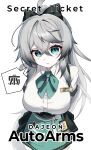  1girl absurdres apron black_survival breasts commentary_request english_text eternal_return:_black_survival green_apron green_eyes green_ribbon grey_hair hair_between_eyes highres katja_(black_survival) korean_commentary large_breasts long_hair looking_at_viewer ribbon shul simple_background solo thighs white_background white_hair 
