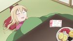  animated animated_gif blonde_hair cap food gif kotatsu lowres ribbon screencap sleeping table toshinou_kyouko yuru_yuri 