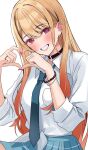  1girl blonde_hair blue_necktie blue_skirt blush breasts cowboy_shot ear_piercing earrings fingernails heart heart_hands highres jewelry kitagawa_marin long_fingernails nakano_kura necktie parted_lips piercing pink_hair pink_nails red_eyes shirt simple_background skirt smile solo sono_bisque_doll_wa_koi_wo_suru teeth tied_shirt white_background white_shirt 