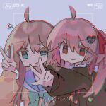  2girls :d ahoge anger_vein aqua_bow aqua_bowtie black_cardigan blue_eyes blue_sailor_collar bow bowtie broken_heart broken_heart_hair_ornament brown_hair cardigan chibi chibi_only chinese_commentary chromatic_aberration endlesscrossing evil_neuro-sama grey_background hair_between_eyes hair_ribbon heart highres light_blush long_hair long_sleeves multiple_girls neuro-sama no_nose outstretched_arm puffy_long_sleeves puffy_sleeves raised_eyebrow red_bow red_bowtie red_eyes red_ribbon ribbon sailor_collar siblings sisters smile split_mouth twins two_side_up v v-shaped_eyebrows vedal_ai viewfinder yellow_cardigan 