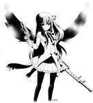  akemi_homura argyle argyle_legwear assault_rifle bad_id bad_pixiv_id black_hair black_legwear capelet greyscale gun hair_ribbon handgun holding holding_gun holding_weapon kuroto_usagi long_hair magical_girl mahou_shoujo_madoka_magica monochrome pantyhose pistol pleated_skirt ribbon rifle shield signature skirt solo trigger_discipline weapon wings 