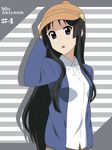  :o akiyama_mio black_eyes black_hair casual character_name hat ikari_manatsu k-on! long_hair solo striped striped_background very_long_hair 