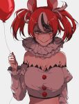  1girl animal_ear_fluff animal_ears armpit_crease balloon bare_shoulders black_hair black_streaks blue_eyes breasts cleavage clown commentary cosplay double-parted_bangs evil_smile facepaint fatpenguinz frilled_sleeves frills hair_between_eyes hakos_baelz highres holding holding_balloon hololive hololive_english it_(stephen_king) large_breasts looking_at_viewer midriff mouse_ears mouse_tail multicolored_hair neck_ruff pennywise pennywise_(cosplay) red_hair red_lips shaded_face smile standing tail twintails uneven_twintails virtual_youtuber white_background white_hair 