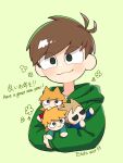  1boy :3 antenna_hair bilingual_text blush brown_hair character_doll commentary copyright_name cropped_torso doll drawstring edd_(eddsworld) eddsworld english_text green_background green_eyes green_hoodie hair_behind_ear highres holding holding_stuffed_toy hood hood_down hoodie long_sleeves male_focus matt_(eddsworld) mixed-language_text new_year roshii_(ionlw0gynh24926) short_hair simple_background smile solo stuffed_toy swept_bangs tom_(eddsworld) tord_(eddsworld) translation_request 