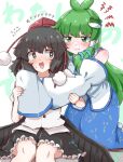  2girls ayaya~ black_eyes black_hair black_wings blue_skirt blush closed_mouth commentary_request detached_sleeves flying_sweatdrops frilled_skirt frills frog_hair_ornament green_eyes green_hair hair_ornament hair_tubes hat hug hug_from_behind kneeling kochiya_sanae long_hair long_sleeves looking_at_another looking_at_viewer multiple_girls pom_pom_(clothes) pout red_hat shameimaru_aya shirt single_hair_tube sitting skirt sleeves_past_fingers sleeves_past_wrists snake_hair_ornament squiggle sweat tanikake_yoku tokin_hat touhou translation_request white_shirt wings yuri 