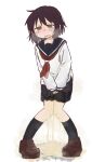  1girl between_legs black_socks blue_sailor_collar blue_skirt blush breath brown_eyes brown_hair brown_shoes collarbone commentary_request embarrassed flat_chest full_body half-closed_eyes hand_between_legs have_to_pee highres kneehighs knees_together_feet_apart large_variant_set long_sleeves looking_at_viewer miniskirt neckerchief nose_blush open_mouth original own_hands_together pee peeing peeing_self pigeon-toed pleated_skirt ponnu_(tnpn2yw) puddle red_neckerchief sailor_collar school_uniform serafuku shirt shoes short_hair sidelocks simple_background skirt socks solo standing steam sweat tears variant_set wet wet_clothes white_background white_shirt 