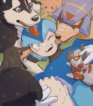  1boy armor blue_armor blue_helmet dog forehead_jewel green_eyes group_picture helmet highres lemon_inu licking licking_another's_face lying male_focus mega_man_(series) mega_man_x1 mega_man_x_(series) non-humanoid_robot on_back one_eye_closed parted_lips robot robot_animal robot_dog smile velguarder_(mega_man) x_(mega_man) 