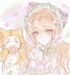  1girl =_= absurdres ahoge animal bare_shoulders beret blonde_hair bow bowtie brooch cat chinese_commentary cloak closed_mouth clothed_animal collar commentary_request country_lolita detached_collar donut dress ear_covers eyelashes flower food food-themed_hair_ornament frilled_collar frilled_headwear frills green_eyes green_hat hair_between_eyes hair_flower hair_ornament hair_scrunchie happy hat hat_bow highres holding holding_food hood hood_up hooded_cloak infinity_nikki jewelry large_bow light_blush lolita_fashion long_hair looking_ahead low_twintails momo_(nikki) navel nikki_(series) off-shoulder_dress off_shoulder pink_bow pink_bowtie pink_dress pink_flower pink_scrunchie puffy_short_sleeves puffy_sleeves rainbow red_bow red_bowtie scrunchie shadiaoyige48830 short_sleeves smile sparkle strawberry_hair_ornament stylist_(nikki) twintails upper_body whiskers white_background white_cat white_collar white_flower white_wrist_cuffs wrist_cuffs yellow_cloak 