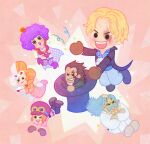  >_o black_coat blonde_hair brown_gloves cape chibi coat commentary confetti crown emporio_ivankov facial_tattoo gloves goggles goggles_around_neck hack_(one_piece) hat holding holding_unworn_clothes holding_unworn_hat inazuma_(one_piece) koala_(one_piece) monkey_d._dragon multicolored_hair one_eye_closed one_piece orange_hair pikaole purple_hair sabo_(one_piece) short_hair smile tattoo two-tone_hair unworn_hat unworn_headwear white_hair 