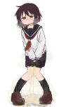  1girl between_legs black_socks blue_sailor_collar blue_skirt blush breath brown_eyes brown_hair brown_shoes collarbone commentary_request embarrassed flat_chest full_body half-closed_eyes hand_between_legs have_to_pee highres kneehighs knees_together_feet_apart large_variant_set long_sleeves looking_at_viewer miniskirt neckerchief nose_blush open_mouth original own_hands_together pee peeing peeing_self pigeon-toed pleated_skirt ponnu_(tnpn2yw) puddle red_neckerchief sailor_collar school_uniform serafuku shirt shoes short_hair sidelocks simple_background skirt socks solo standing steam sweat tears variant_set wet wet_clothes white_background white_shirt 