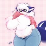 1:1 2025 anthro anutka areola bangs belly big_breasts black_clothing black_nose black_panties black_underwear blue_body blue_bottomwear blue_clothing blue_fur blue_pants blush bodily_fluids bottomwear breasts chest_tuft claws clothed clothing clothing_lift colored digital_drawing_(artwork) digital_media_(artwork) eyelashes female fluffy fluffy_hair fur grabbing_own_belly green_eyes hair hi_res huge_breasts mammal mephitid motion_lines navel nipples no_bra open_bottomwear open_clothing open_mouth open_pants overweight panties pants pink_areola pink_background pink_blush pink_nipples shaded simple_background skunk solo standing taki_(takikuroi) tears tuft underwear white_body white_claws white_fur white_hair