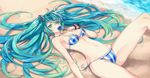  aqua_eyes aqua_hair beach bikini flower hair_ribbon hatsune_miku holding holding_flower legs long_hair long_legs lying multicolored multicolored_eyes on_back ribbon side-tie_bikini smelling_flower solo striped striped_bikini swimsuit thighs twintails vertical-striped_bikini vertical_stripes vocaloid water yukiya 