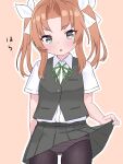  1girl :o black_pantyhose blush bow clothes_lift collared_shirt commentary_request cowboy_shot dress_shirt green_ribbon grey_eyes grey_skirt grey_vest hair_bow highres kagerou_(kancolle) kantai_collection lifting_own_clothes long_hair looking_at_viewer matu_(matu19) miniskirt neck_ribbon open_mouth orange_hair outline panties panties_under_pantyhose pantyhose pink_panties pleated_skirt ribbon shirt shirt_tucked_in short_sleeves sidelocks simple_background skirt skirt_lift solo striped_clothes striped_panties translation_request twintails underwear vest white_bow white_outline white_shirt 