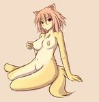  blush breasts canine female fox hair looking_at_viewer mammal mastermoon nipples nude pink_hair red_eyes simple_background sitting solo 