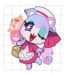  +_+ 1girl animal_crossing animal_ears apron basket bear_ears bear_girl bear_tail blue_eyeshadow blush_stickers chibi chibi_only chibikemo coat commentary_request dress eyelashes eyeshadow full_body furry furry_female grid_background hat holding holding_basket judy_(animal_crossing) kopa_nishikida looking_at_viewer makeup multiple_views one_eye_closed open_mouth purple_eyes purple_fur red_coat red_dress simple_background solo_focus tail thick_eyelashes white_apron white_background white_hat 