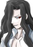  1boy black_hair commentary_request evil_smile long_hair male_focus michael_roa_valdamjong mond_blinzen open_clothes open_shirt pectorals profile red_eyes sketch smile smirk solo tsukihime wavy_hair white_background 
