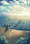  1boy baseball_cap cloud commentary_request forest from_behind hat hilbert_(pokemon) horizon landscape male_focus nature outdoors photoshop_(medium) pokemon pokemon_(creature) pokemon_bw scenery zekrom zesilo 