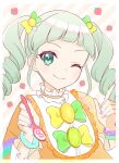  1girl aikatsu! aikatsu!_(series) blunt_bangs bow bowtie bracelet commentary_request drill_hair fang food fruit green_eyes green_hair hair_bow hands_up highres holding holding_spoon index_finger_raised jewelry kinakona lemon lemon_slice long_hair looking_at_viewer one_eye_closed smile solo spoon strawberry todo_yurika twin_drills twintails upper_body yellow_bow yellow_bowtie 