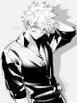  1boy absurdres arm_up bakugou_katsuki boku_no_hero_academia closed_mouth collared_shirt cowboy_shot depisx drop_shadow greyscale highres male_focus monochrome open_collar pants parted_bangs scar scar_on_cheek scar_on_face shirt shirt_tucked_in short_hair sleeves_rolled_up solo spiked_hair wing_collar 
