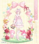  1girl animal_ears arch argyle_background artist_request bird blue_bow blue_bowtie blue_ribbon blunt_bangs bow bow_choker bowtie brown_eyes character_name choker closed_mouth collared_dress copyright_logo copyright_notice dot_nose dress dress_bow eyelashes flower fluffy_piano-chan_(miracle_nikki) frilled_choker frilled_dress frilled_leg_warmers frills full_body fur-trimmed_jacket fur_trim grass hair_flower hair_ornament hair_ribbon happy high_heels highres jacket leg_warmers light_blush logo long_hair medium_dress miracle_nikki mouse_(animal) my_melody my_sweet_piano nikki_(series) official_art onegai_my_melody pink_bow pink_dress pink_hair pink_leg_warmers pom_pom_(clothes) pumps red_flower red_ribbon red_rose ribbon ribbon-trimmed_choker rose sanrio sheep_ears shoes single_stripe smile squirrel standing striped_bow tareme third-party_source translation_request white_choker white_flower white_rose white_shoes yellow_background 