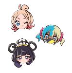  3girls ;) aqua_hair black_hair blonde_hair blue_eyes blush bob_cut canari_(pokemon) closed_mouth commentary_request dark-skinned_female dark_skin eyelashes gradient_hair gwynn_(pokemon) hat head_only highres kino_haruc looking_at_viewer mask mouth_mask multicolored_hair multiple_girls one_eye_closed pokemon pokemon_legends:_z-a purple_eyes purple_hair short_hair smile split-color_hair taunie_(pokemon) twintails two-tone_hair white_background 