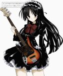  1girl akiyama_mio bass_guitar black_dress black_eyes black_hair blush bow dress fender_jazz_bass frilled_dress frilled_hairband frills hairband holding holding_bass_guitar holding_instrument instrument k-on! long_hair looking_at_viewer marshmallow_(site) official_alternate_costume parted_lips red_bow simple_background solo takanashi_(takanya_shi) upper_body white_background 