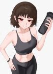  1girl abs absurdres artist_name black_tank_top braid breasts brown_hair cleavage collarbone commentary condensation crown_braid drink hand_on_own_hip highres holding holding_drink large_breasts midriff n7grey niijima_makoto pants persona persona_5 red_eyes short_hair smile sportswear sweat tank_top toned toned_female wristband yoga_pants 