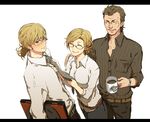  2boys alternate_hairstyle bad_id bad_pixiv_id barnaby_brooks_jr barnaby_brooks_sr blonde_hair blush briefcase brown_hair closed_eyes coffee cup emily_brooks family father_and_son glasses green_eyes letterboxed mother_and_son mug multiple_boys necktie ponytail sashimi555 short_hair smile tiger_&amp;_bunny watch wild_tiger wristwatch 