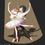  1boy 1girl ahiru_(princess_tutu) ahoge arabesque_(pose) ballerina ballerino ballet ballet_dress ballet_slippers bare_shoulders black_hair blue_eyes bracelet commentary_request crown dress en_pointe fakir_(princess_tutu) fourth_position_of_the_arms jewelry kenouo korean_commentary necklace princess_tutu princess_tutu_(character) short_hair smile tutu 