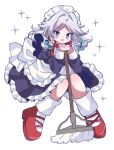  1girl apron blue_dress blue_eyes bow braid commentary_request dress frilled_apron frills full_body furiba_794 green_bow grey_hair hair_bow hair_intakes highres holding holding_mop izayoi_sakuya juliet_sleeves long_sleeves looking_at_viewer loose_socks maid maid_apron maid_headdress medium_hair mop open_mouth puffy_sleeves red_scarf red_shoes scarf shoes socks solo touhou twin_braids waist_apron white_apron white_background white_socks 