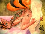  2024 absurd_res anthro arm_tattoo back_tattoo biped bite biting_lip black_body black_eyeshadow black_fur black_hair black_nose claws clenched_teeth colored doggystyle ear_tattoo eyes_closed eyeshadow facial_tattoo feet female from_behind_position fur generation_1_pokemon hair hi_res highlights_(coloring) holding_feet human makeup male male/female mammal mjw_darkmode nintendo orange_body orange_fur orange_hair pink_bed pokemon pokemon_(species) sex shoulder_tattoo signature simple_background solo tattoo teeth traditional_media_(artwork) vulpix yellow_background 