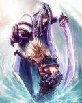  2boys black_jacket black_sweater blonde_hair blue_eyes buster_sword cloud_strife commentary cowboy_shot english_commentary final_fantasy final_fantasy_vii final_fantasy_vii_remake grey_hair highres holding holding_sword holding_weapon jacket katana long_hair male_focus multiple_boys sephiroth short_hair single_shoulder_pad sleeveless sleeveless_sweater sweater sword tylor_hepner very_long_hair weapon 
