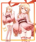  >:) 1girl absurdres adapted_costume blonde_hair blush closed_eyes clothes_lift headband highres japanese_clothes kantai_collection kimono lifting_own_clothes long_hair long_sleeves looking_at_viewer obi open_mouth panties sash shimakaze_(kancolle) shimakaze_(new_year)_(kancolle) smug striped_clothes striped_thighhighs thighhighs tiemu_(man190) underwear v v-shaped_eyebrows white_panties wide_sleeves 