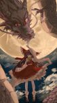  1girl absurdres ascot backward-facing_horns between_fingers black_shoes bow brown_hair chinese_zodiac claws commentary_request detached_sleeves dragon eastern_dragon frilled_bow frilled_hair_tubes frilled_skirt frills full_body full_moon hair_bow hair_tubes hakurei_reimu highres holding horns long_hair looking_at_viewer mary_janes moochii moon night ofuda ofuda_between_fingers orange_eyes outdoors red_bow red_skirt ribbon-trimmed_skirt ribbon-trimmed_sleeves ribbon_trim shoes skirt skirt_set sky socks solo touhou very_long_hair whiskers white_socks year_of_the_dragon yellow_ascot 