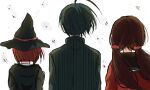  1boy 2girls ahoge black_hair black_jacket brown_hair commentary_request danganronpa_(series) danganronpa_v3:_killing_harmony from_behind hair_ornament hair_scrunchie harukawa_maki hat highres jacket long_hair long_sleeves low_twintails multiple_girls red_hair red_scrunchie saihara_shuichi scrunchie shirt short_hair twintails witch_hat yumeno_himiko zu_an 
