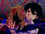  2boys \||/ antenna_hair basil_(faraway)_(omori) basil_(omori) black_background black_eyes black_hair black_skin black_sweater_vest blonde_hair blood blood_in_hair blood_on_clothes blood_on_face blood_on_hands blue_butterfly bug butterfly butterfly_on_hand closed_mouth collared_shirt colored_skin commentary_request double-parted_bangs empty_eyes expressionless faceless faceless_male film_grain fingernails flower frown gradient_background grey_background hair_behind_ear hair_between_eyes hair_flower hair_ornament hand_up head_on_another's_shoulder highres kauchi_(kani10cauchi) looking_at_viewer male_focus multicolored_hair multiple_boys no_pupils noose omori pink_flower shirt short_hair short_sleeves simple_background sunny_(omori) sweater_vest two-tone_hair very_short_hair white_shirt 