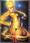  1girl blue_eyes breasts claws colored_skin cthugha cthulhu_mythos elemental_(creature) english_text fantasy fiery_hair fingernails fire glowing glowing_eyes highres kein_hasegawa long_fingernails long_hair looking_at_viewer medium_breasts navel orange_skin original personification pointy_ears reaching reaching_towards_viewer sharp_fingernails signature solo star_(sky) very_long_hair yellow_skin 