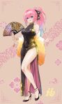  1girl alternate_costume alternate_hairstyle bare_shoulders black_dress blue_eyes blue_hair blush breasts character_request check_character china_dress chinese_clothes commentary_request dress earrings folding_fan full_body gradient_hair hair_between_eyes hand_fan high_heels high_ponytail highres holding holding_fan jewelry large_breasts long_hair looking_at_viewer megurine_luka multicolored_hair open_mouth pelvic_curtain pink_hair ponytail solo very_long_hair vocaloid yukihane_(snowowl515) 